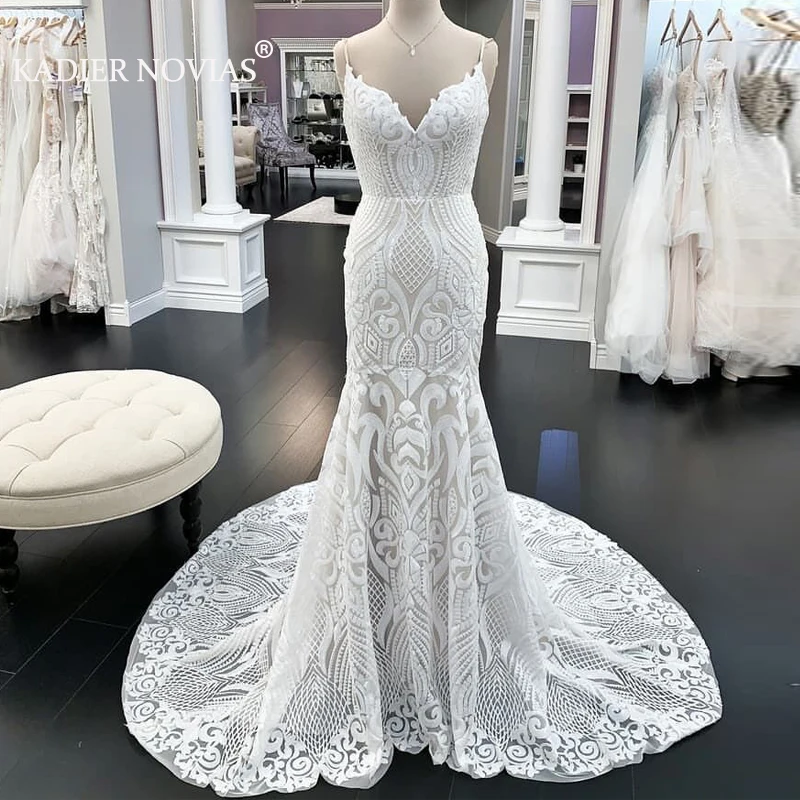 

Long Gelinlik White Sequin Lace Mermaid Wedding Dresses 2020 with StrapsTrumpet Bride Wedding Gowns