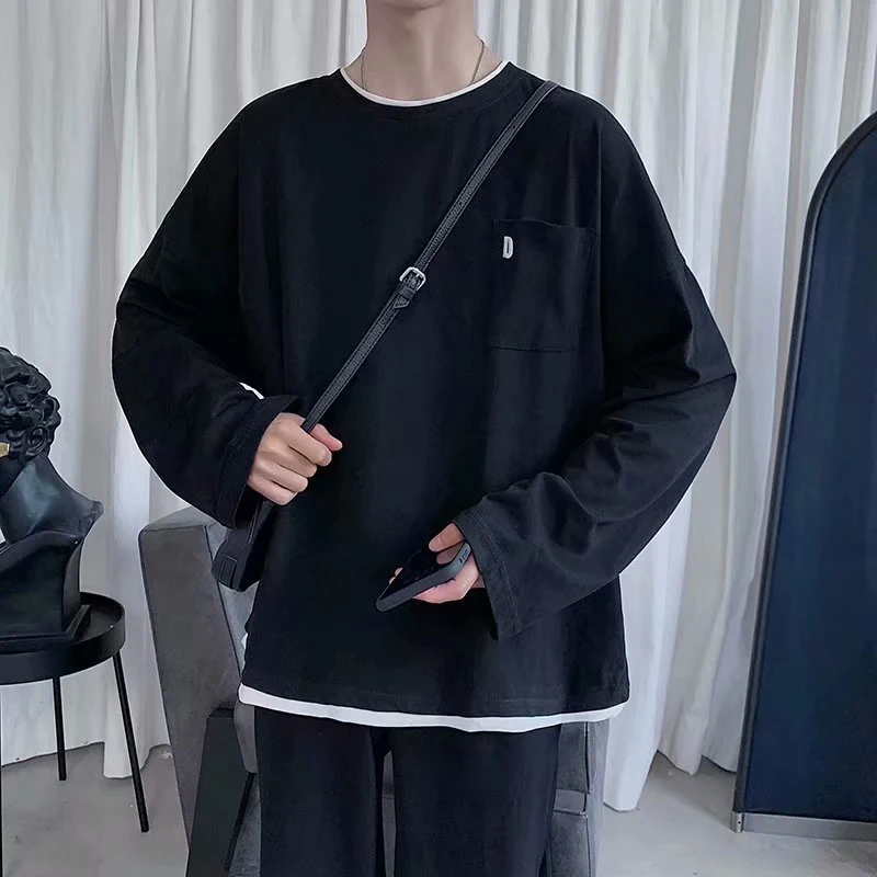

Fake Two Long Sleeve Tshirt Fashion Branded Loose Men Clothing Pocket Casual Handsome Student Black White Oversized Harajuku Top
