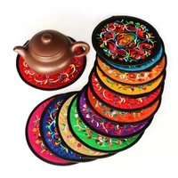 round heat resistant cloth mat ethnic style embroidery art drink cup coasters non slip pot holder table placemat kitchen accesso