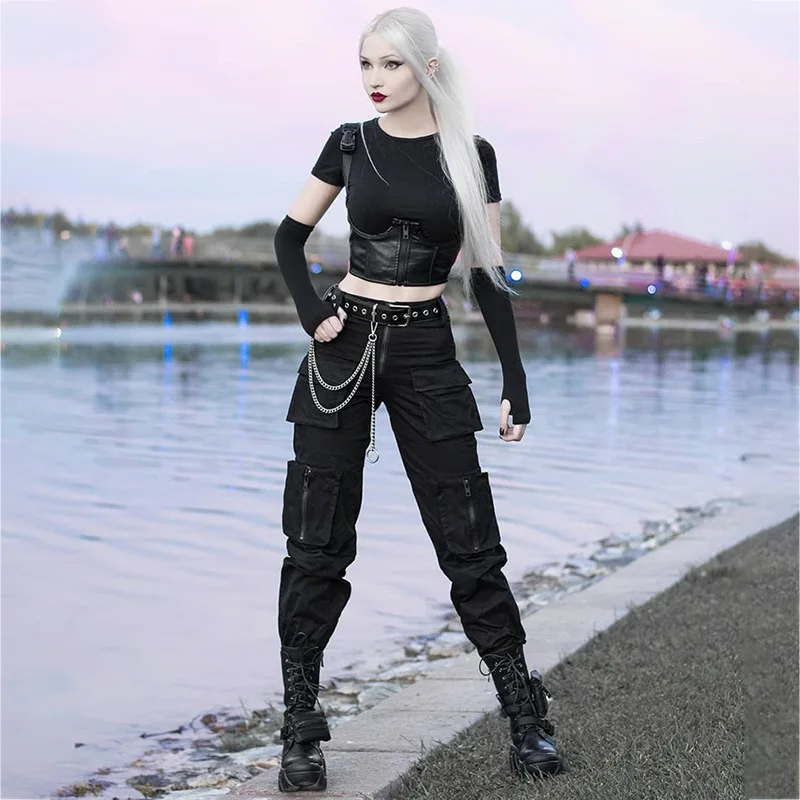 Y Demo techwear Casual Women Cargo Pants Sashes High Waist pockets Full Length Drawstring Trousers Female Fashion Clothes | Женская
