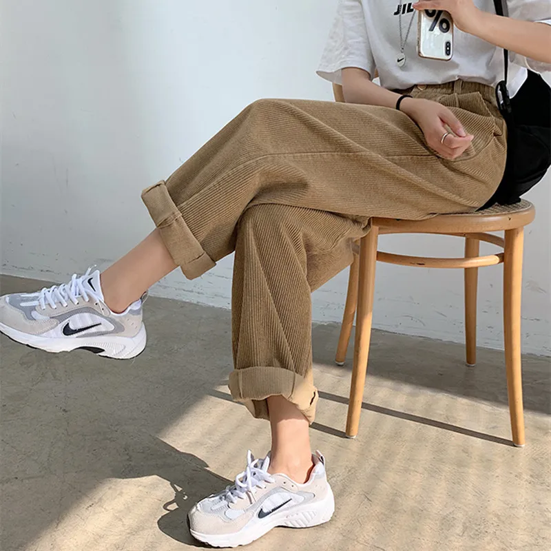 

Брюки Alien Kitty женские вельветовые однотонные, тонкие прямые винтажные свободные штаны с завышенной талией и широкими штанинами в Корейском ...