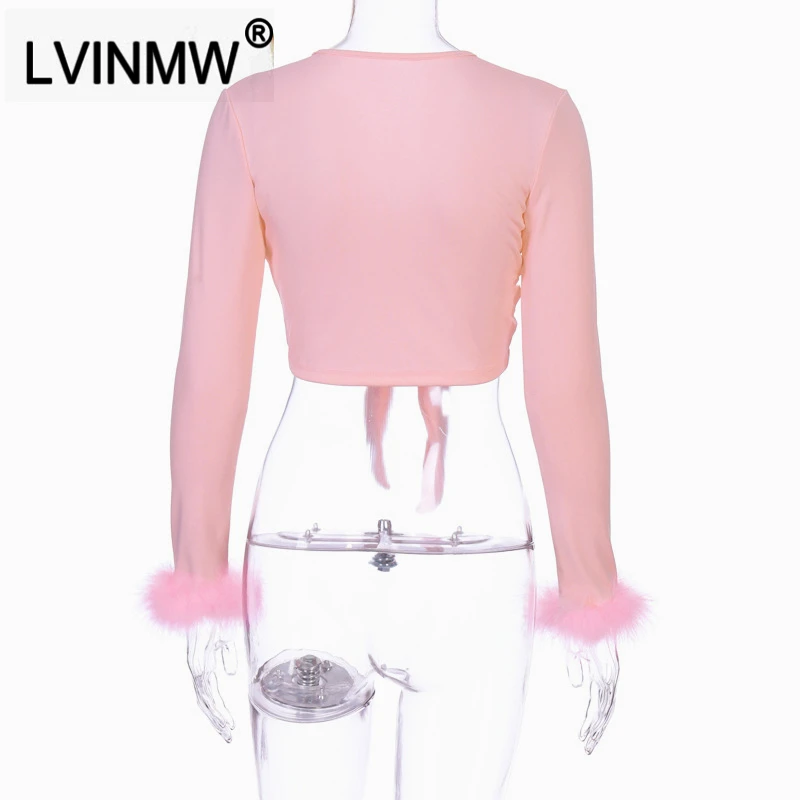 

LVINMW Sexy Pink Cotton Cross Bow Tie V Neck Crop Top Autumn Winter Women Long Sleeve Fur Splice T shirt Female Party Club Tops