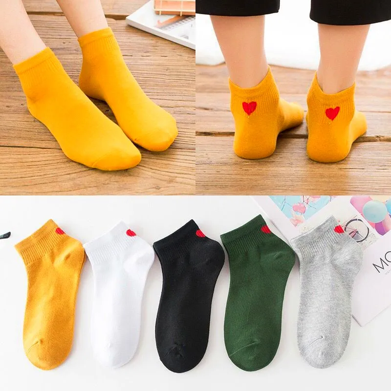 

5 Pairs Women Socks Red Heart Candy Colors College Breathable Female Socks Soft Cotton Spring Autumn Girls Ankle Sock Meias Sox