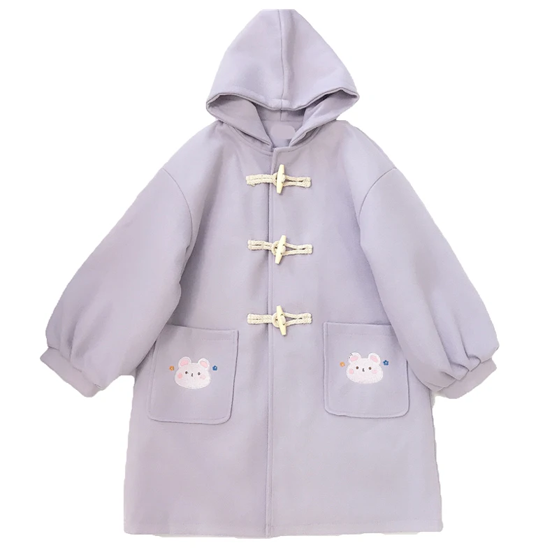 Зимнее пальто из смесовой шерсти Kawaii женское винтажная с милым Кроликом