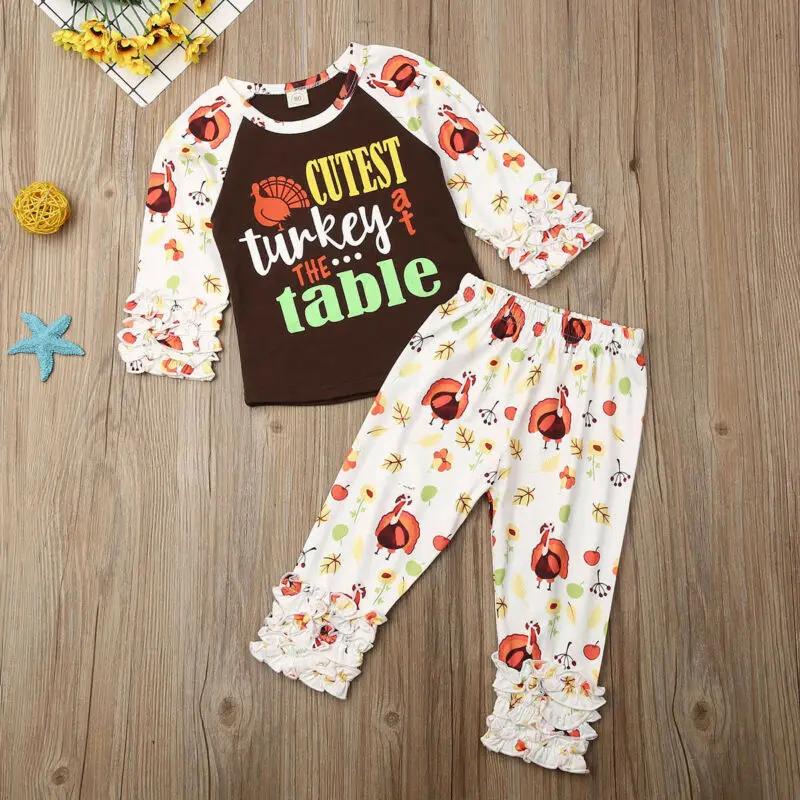 

Kid Baby Girl Thanksgiving Clothes Long Sleeve Tops Letter T-shirt+Pants Festival Toddler Outfit 2pcs Set