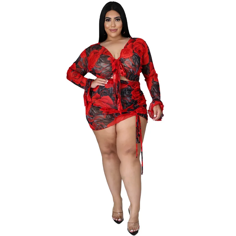 

Plus Size Two Piece Skirt Set Women Sexy Clothing Flared Sleeve Pullover Crop Top Bodycon Mini Skirts Suit Summer Casual Outfits