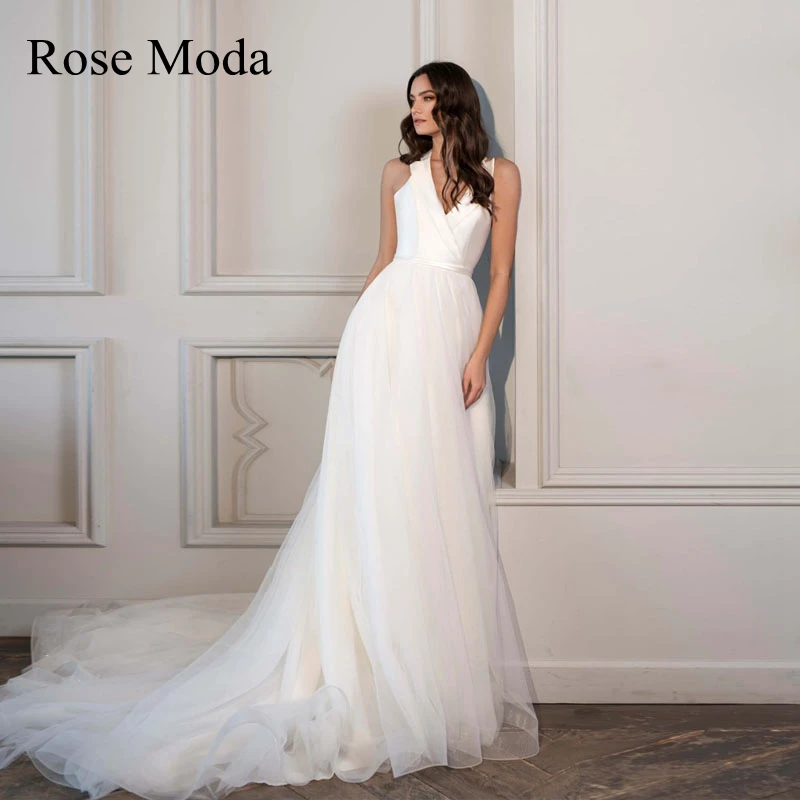 

Rose Moda Deep V Neck Tulle Wedding Dress with Collar Backless Destination Bridal Gown Custom Make