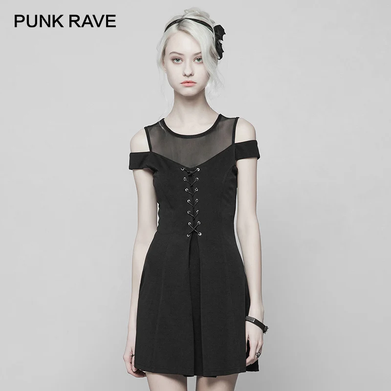 Женское черное трикотажное платье в стиле панк с коротким рукавом Сетчатое без