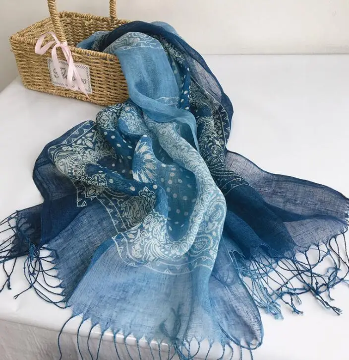 

Летние льняные тай-дай шарф градиентный синий шарф женский в этническом стиле в виде шали с отделкой бахромой солнцезащитный крем шелковый ...