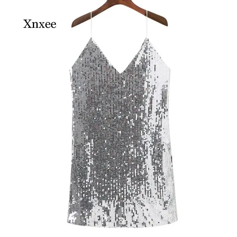 

Deep V Neck Autumn Silver Sequined Backless Sexy Dress Women Off Shoulder Mini Dress Christmas Party Club Strap Dresses Vestidos