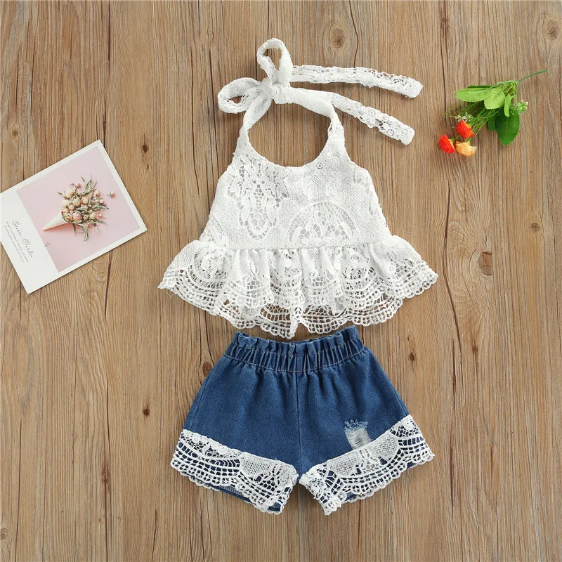 

Girls Summer New Clothing Suit Camisole + Shorts, Halter Neck Design with Lace Stitching Sweet Style Children Summer Clothing
