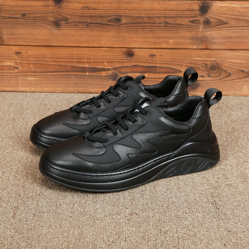 

100% Genuine Leather Platform Sneakers Men Work Height Increasing Lace Up Casual Shoes Luxury Spring Black Flat Shoes Trainers
