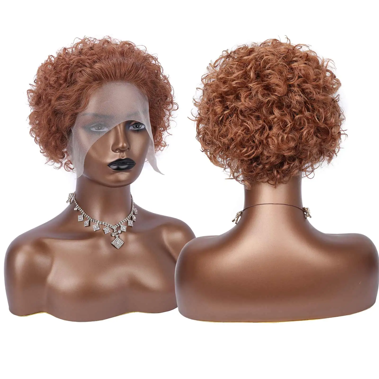 

Ginger Orange Colored pixie cut curly short lace wig 6inch virgin remy hair honey brown front lace wig 13x1 Glueless Afro Curly