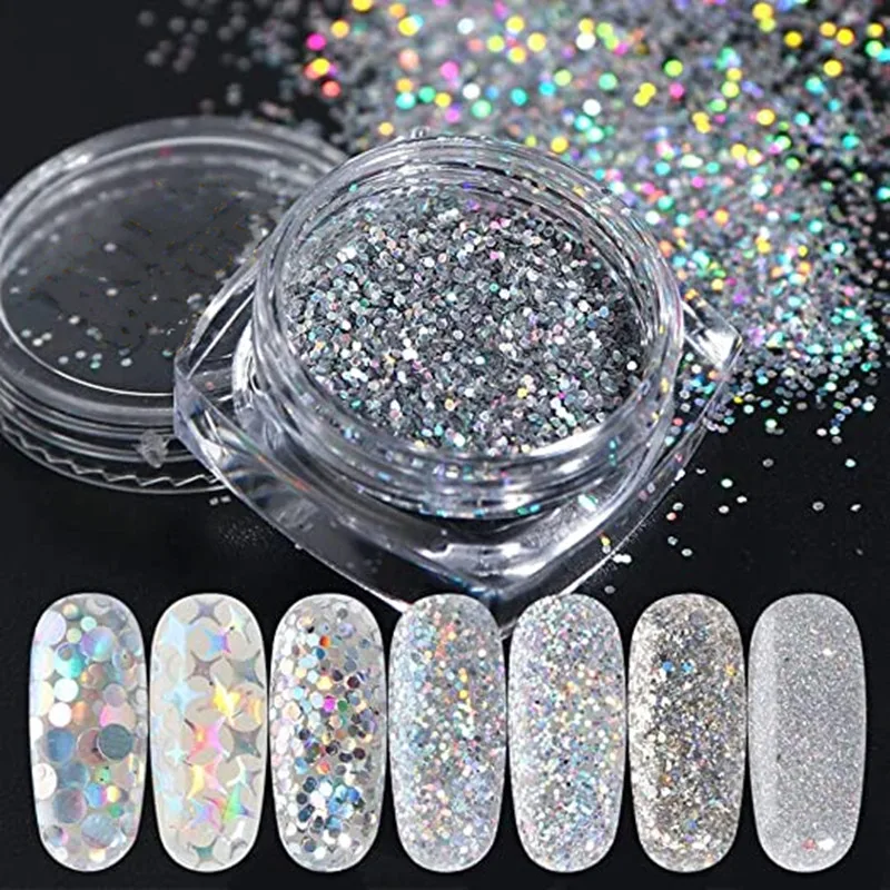 

Silver Holographic Nail Art Glitter Sequins Kits Decals Metallic Shining Flakes Mermaid Nail Powder For Nail Eye Body Face Art