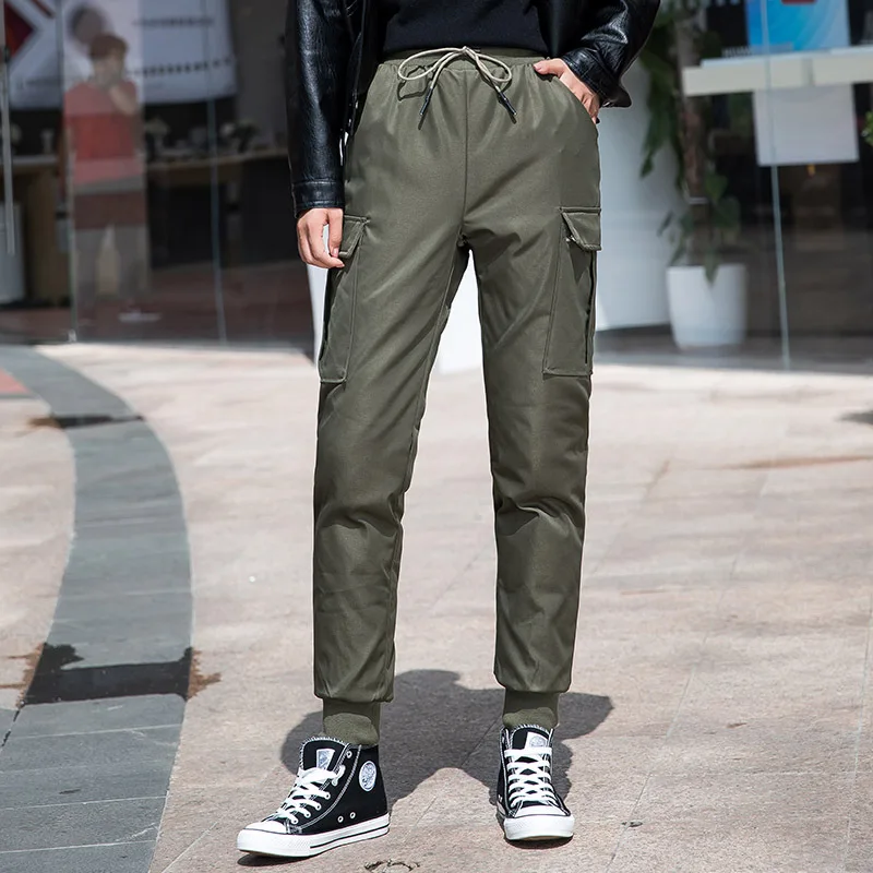 90% брюки карго с подкладкой на утином пуху женские зимние эластичные узкие