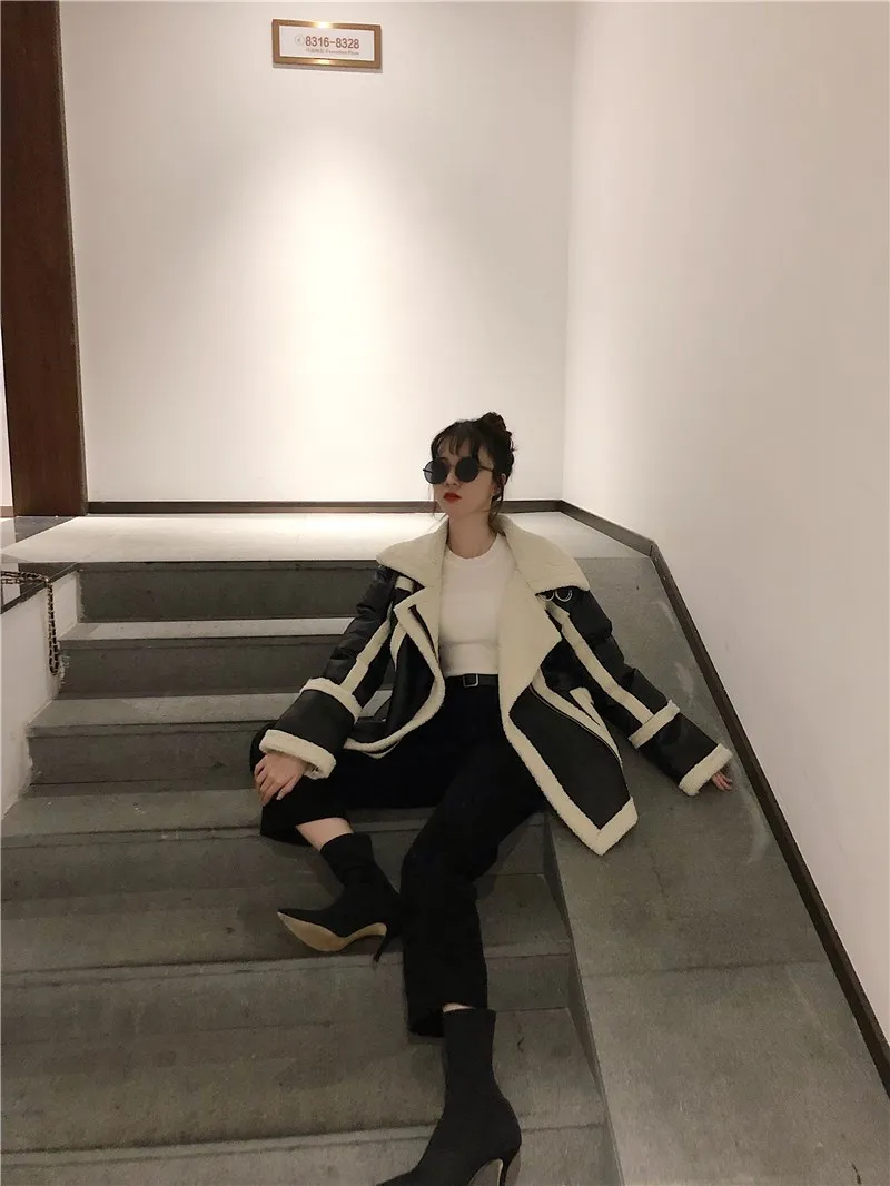 WHITNEY WANG осенне-зимняя модная уличная шерстяная куртка из искусственной кожи с подкладкой женская кожаная куртка в байкерском стиле Толстая парка пальто
