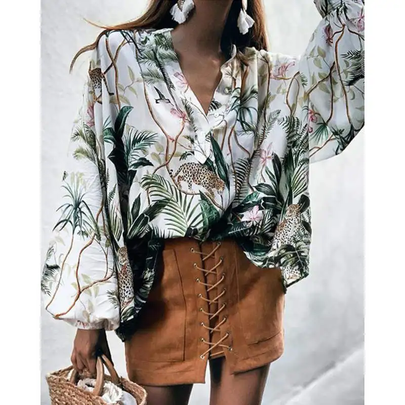 Женская Повседневная Блузка с длинным рукавом и растительным принтом Свободный