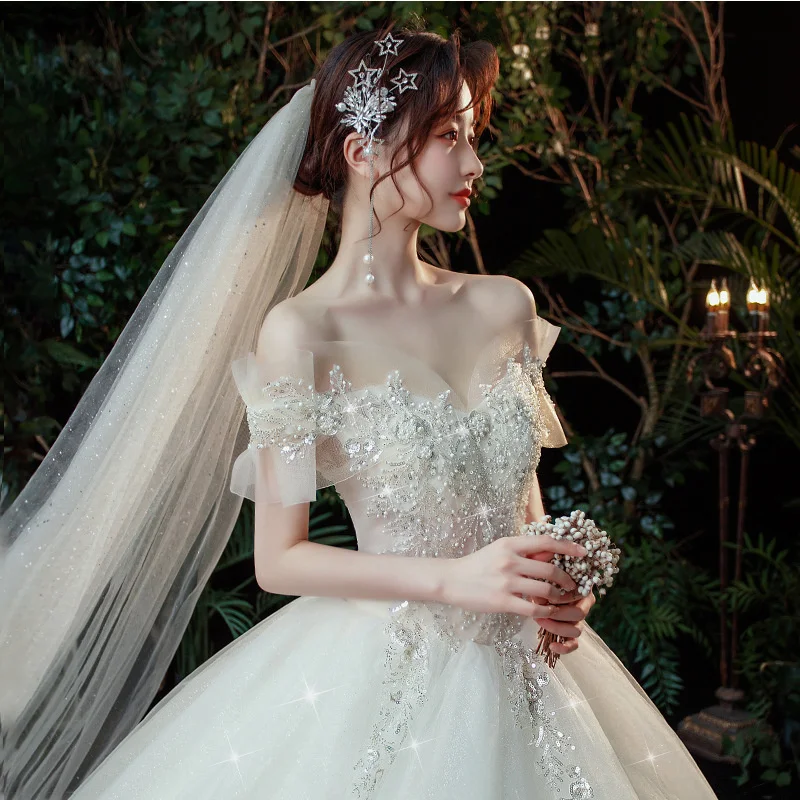 

Новинка 2021, свадебное платье на одно плечо, платье с мотивом Мори для мечты, Осеннее темпераментное свадебное платье для невесты со звездами