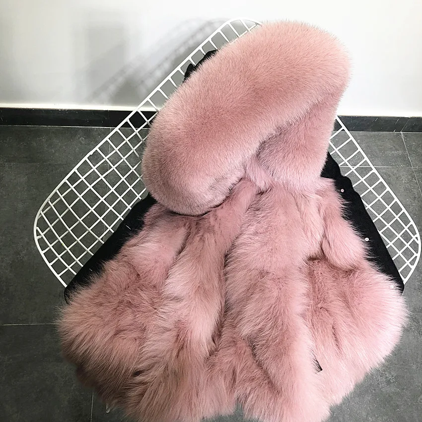 FOX DENIM Black Denim Jacket Katana Trimmed with Natural Fur Woman Parkas 2021 New Fashion Real Fox Fur Coat Oversized Fur Hood