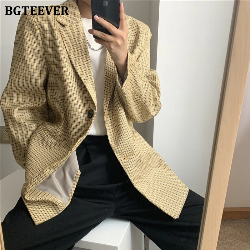 BGTEEVER винтажный однобортный клетчатый женский Блейзер куртка свободный пиджак