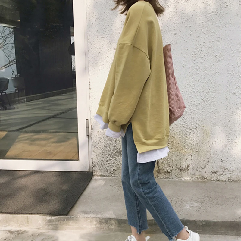 

Hoodies Women O-Neck Patchwork Fake 2 Piece Pullover Chic All-match Oversize 2XL Korean Style Harajuku Sweet Sweatshirt Womens