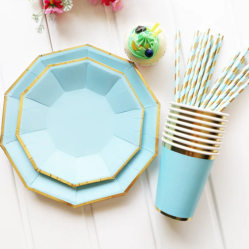 

49 Pieces Of Disposable Tableware Set Disposable Paper Tray Straw Cup Gold Seal Blue Wedding Birthday Decoration Party Supplies