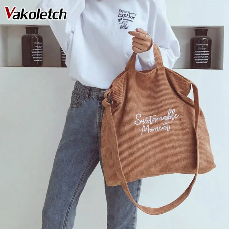 

Large Capacity Zipper Totes Embroidery Messenger Bag Women Corduroy Shoulder & Crossbody Bags Female Eco Cloth Handbag KL673