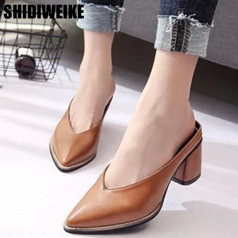 Женские мюли с заостренным носком квадратный каблук сланцы однотонные модные