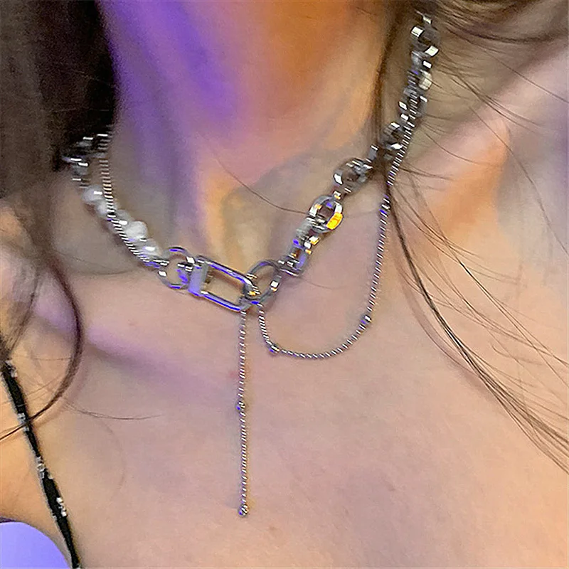 

Modern Jewelry Titanium Steel Pendant Necklace 2021 New Design Pearl Splicing Hip Hop Chain Necklace For Girl Lady Gifts