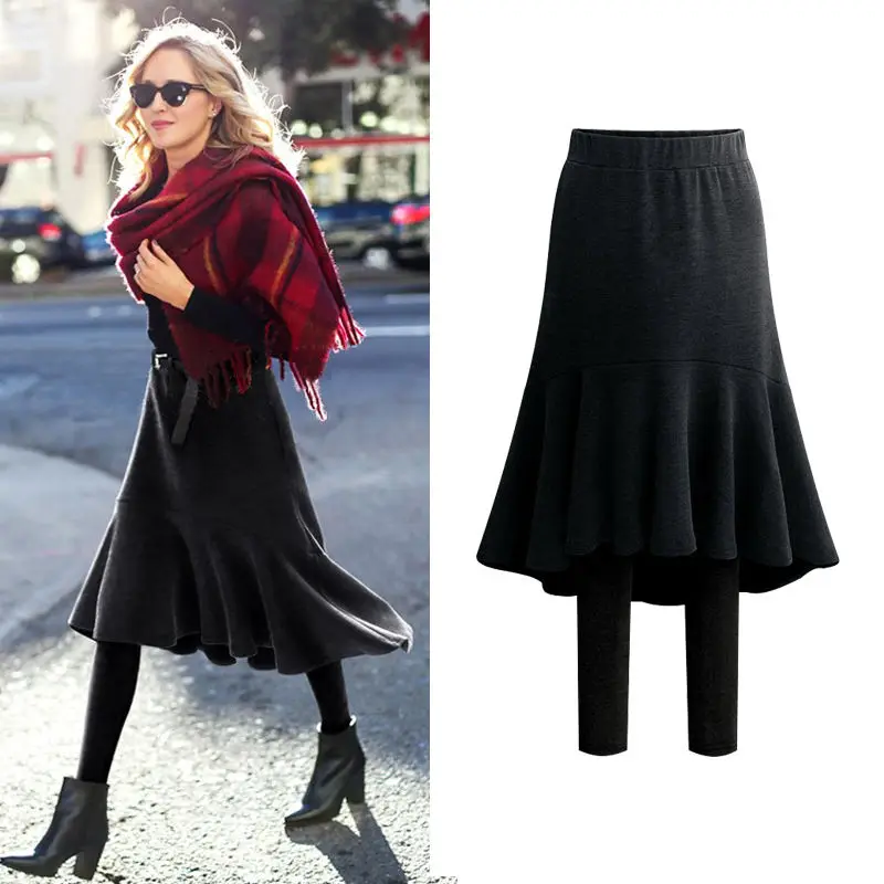 2021 Fall Winter High Rise Women's Leggings Velvet Band Skirt Fake Two Pieces Fishtail Skirt Thermal Culottes Woman Stacked