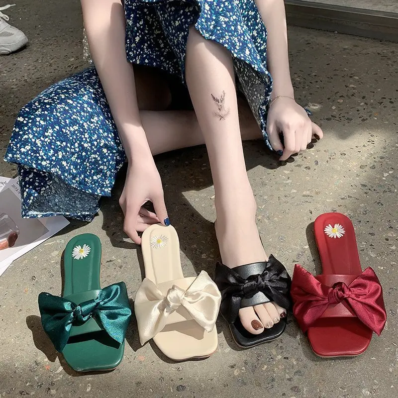 

Low Shoes Ladies' Slippers Luxury Slides Butterfly-Knot Slipers Women Flat Designer 2021 Soft Fashion PU Basic Butterfly-knot Ru