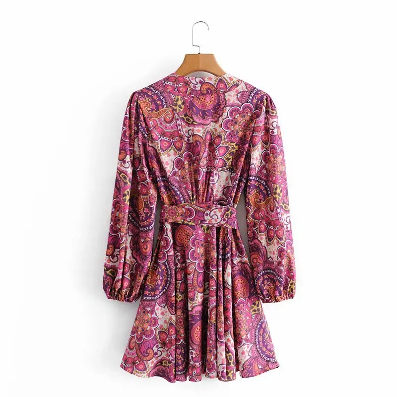 

Za 2020 Vintage Women Dress Floral Print V-Neck Sashes Party Mini Dress Long Sleeve Fashion Holiday Vestidos Mujer
