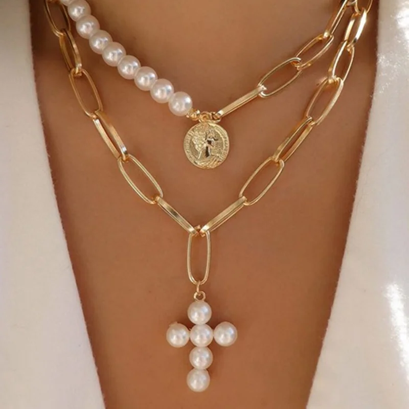 

Shining Fashion Jewelry Women's Vintage Coin Cross Portrait Necklace White Imitation Faux Pearl Alloy Double Long Chain Necklace