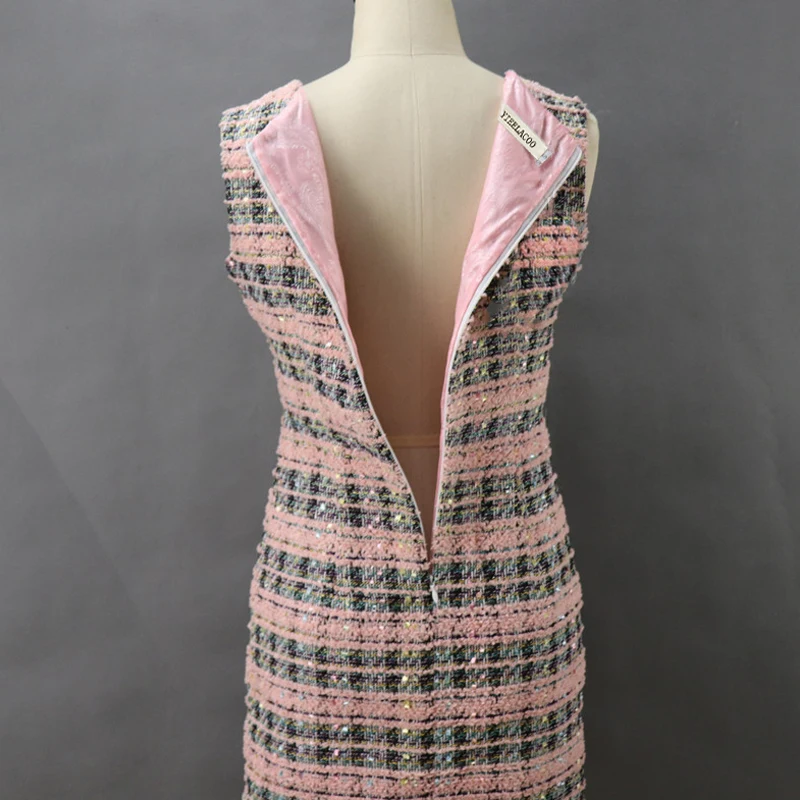 

Pink striped tweed dress 2020 spring / autumn women's dress new ladies slim tassel dress