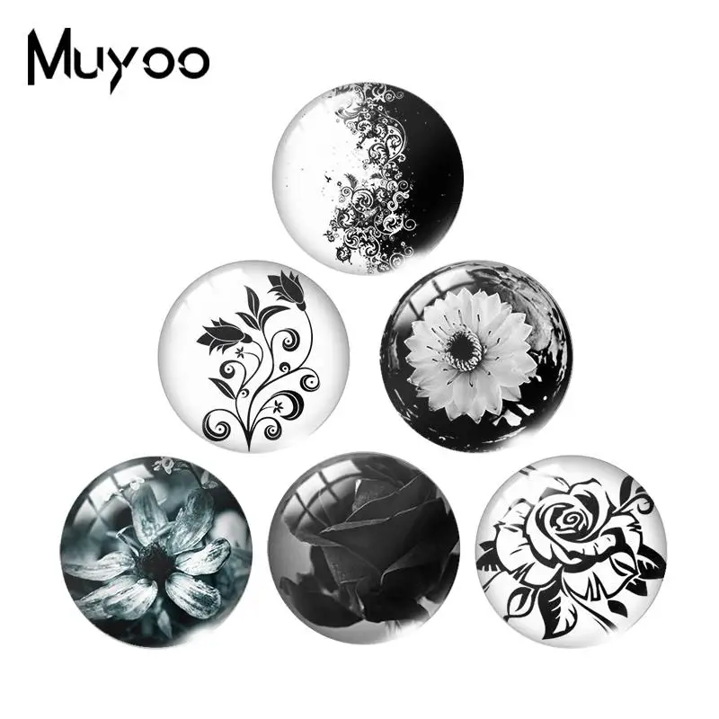 Новинка 2019 черный белый цветок фото стеклянный купольный кабошон круглые