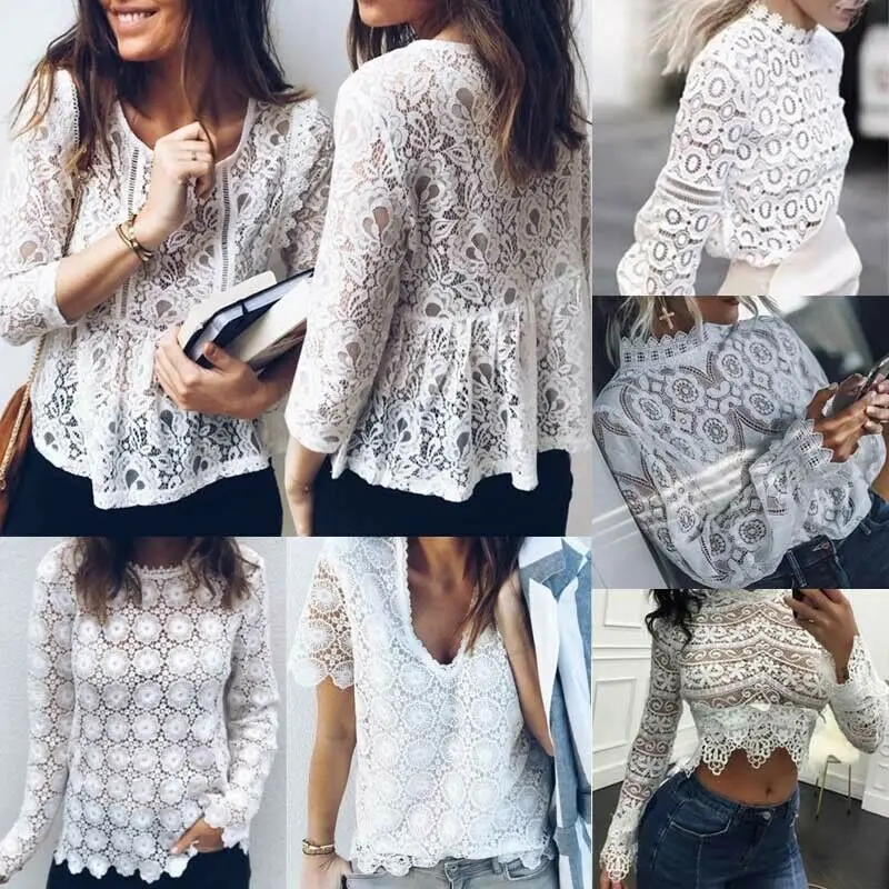 

Women's Fashion Lace Blouses Hollow Lady Elegant Slim Long Sleeve White Shirts Tops Stylish Turtleneck Flowers Blouses