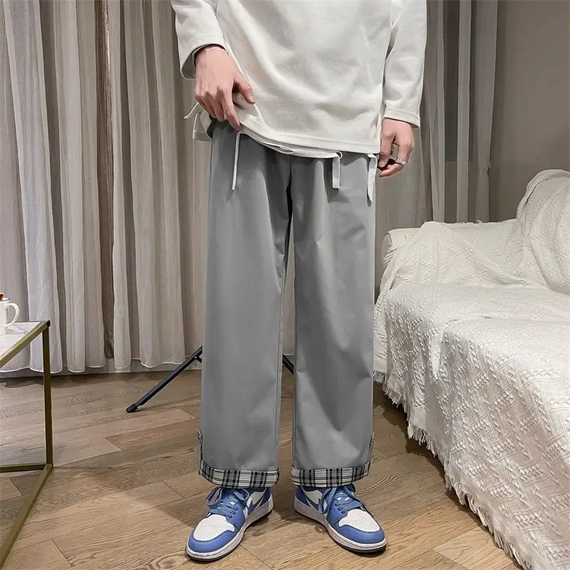

Solid Color Casual Pants Men's Korean Fashion Loose Straight-leg Pants Men Harajuku Streetwear Retro Plaid Wide-leg Pants Men