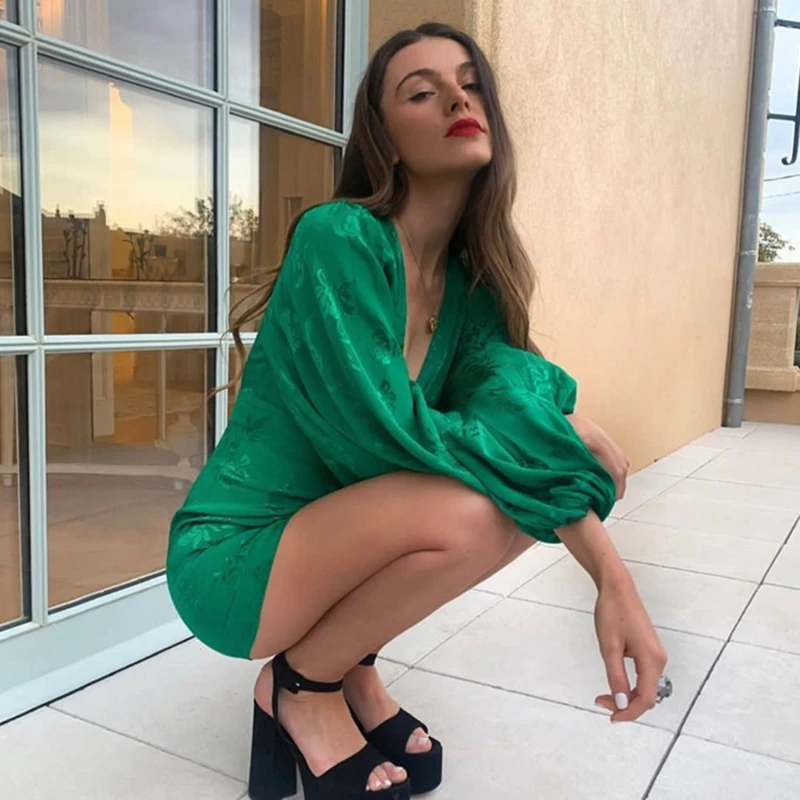 

Women's Satin Dresses Green Deep V Neck Botton Lantern Sleeve Mini Dress Sexy Female Party Dresses Club Autumn
