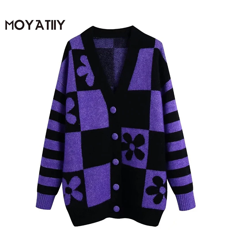 

MOYATIIY 2022 Women Fashion Jacquard Knit Cardigan Sweater Retro Purple Flower Pattern Sweaters Outwear Long Sleeve Female Tops