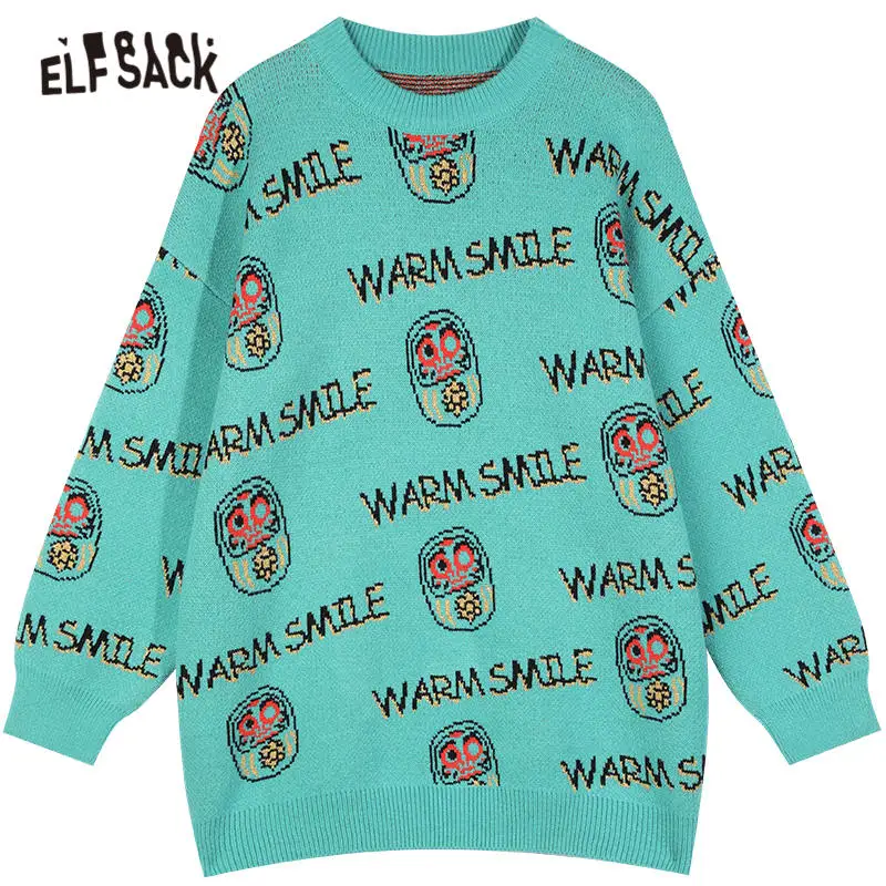 

ELFSACK Japanese Cartoon Jacquard Casual Knit Pullover Sweaters Women,2021 Winter ELF Bright Wire Korean Ladies Daily Soft Tops