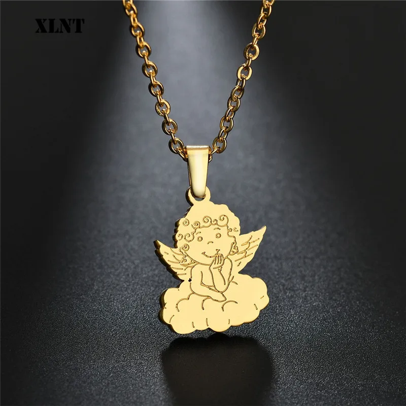 XLNT новейший милый спящий Купидон Ангел кулон из нержавеющей стали золотой