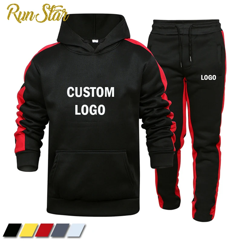 2021 Custom Logo Tracksuit Men 2 Pieces Sets Patchwork Hoodie+Pants Casual Winter Sportswear Gym Jogging Running SweatSuit