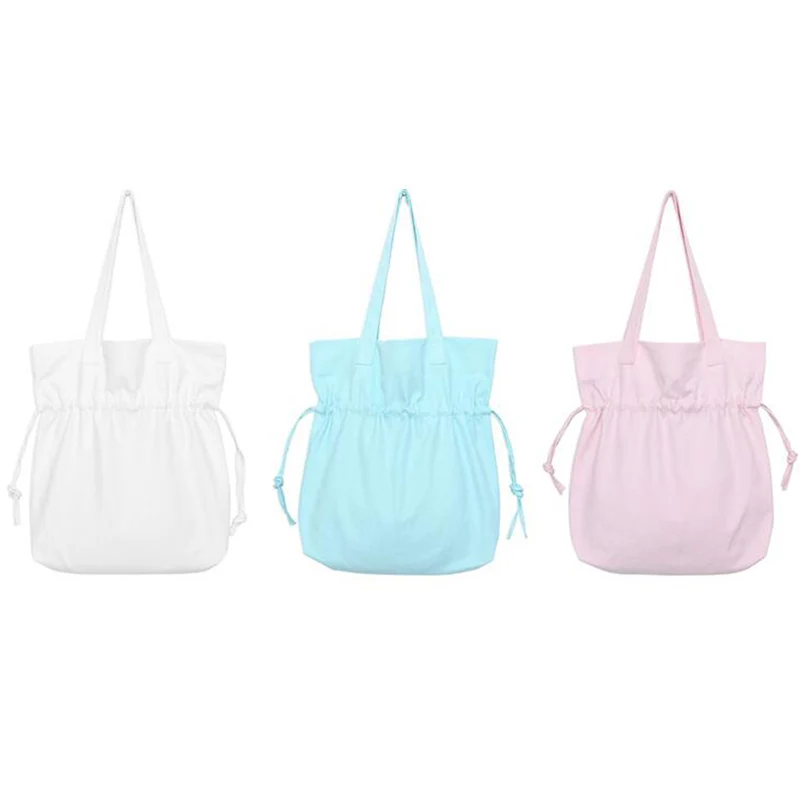 

Casual canvas shopping bag large ladies shoulder bag drawstring design handbag reusable shopping green folding female beach