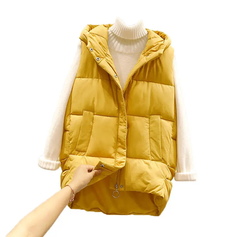 

Autumn Winter Vest Female Loose Hooded Sleeveless Down Cotton Vest Women Coat Outerwear Waistcoat Casual Short Warm Vest Q2622