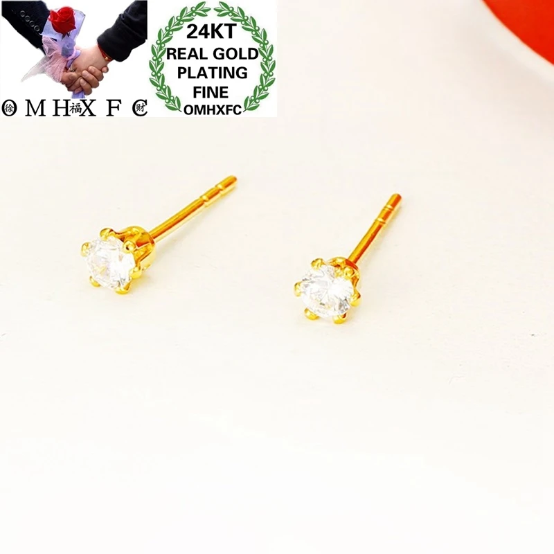 

OMHXFC Wholesale EH229 European Fashion Woman Girl Party Birthday Wedding Gift Simple Round AAA Zircon 24KT Gold Stud Earrings