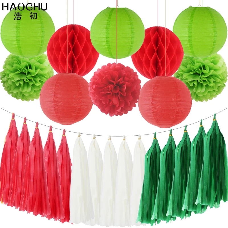 25pcs/set Gold White Round Hanging Paper Ball Lanterns Honeycomb Tissue Pom Poms Tassel Birthday Wedding Theme Party Decorations