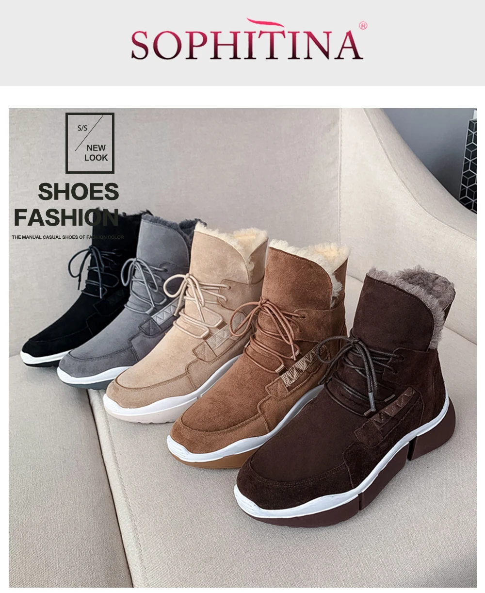 SOPHITINA/модные зимние ботинки Новая удобная обувь из высококачественной коровьей замши на шнуровке с круглым носком на танкетке очень теплые женские ботинки, PO313