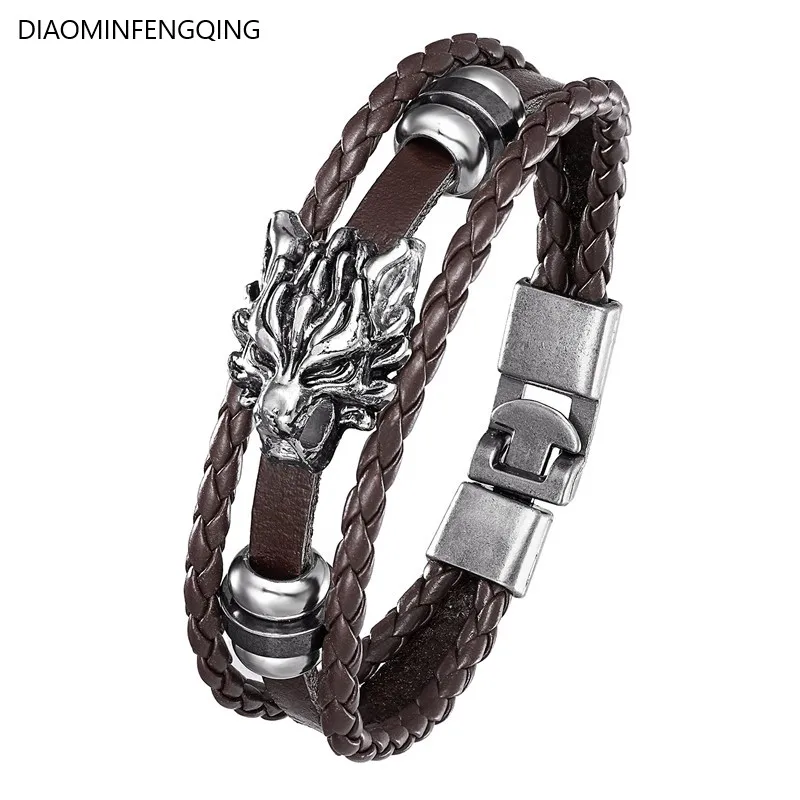 

Genuine leather men's retro classic bracelet jewelry with handmade charm multilayer woven alloy wolf head handmade gift for cool