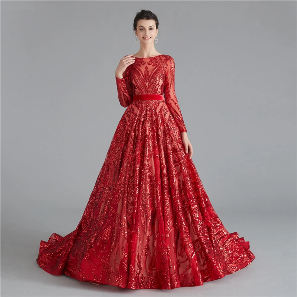 Lakshmigown Dubai Muslim Evening Party Gowns Dresses Burgundy Elegant Arabic Women Sequins Prom Dresses Long Sleeves