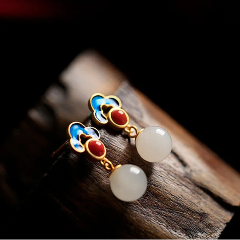 

New Product Original Design 925 Sterling Silver Ancient Gilt Natural Hetian Jade Earrings Enamel Auspicious Cloud Female Earring